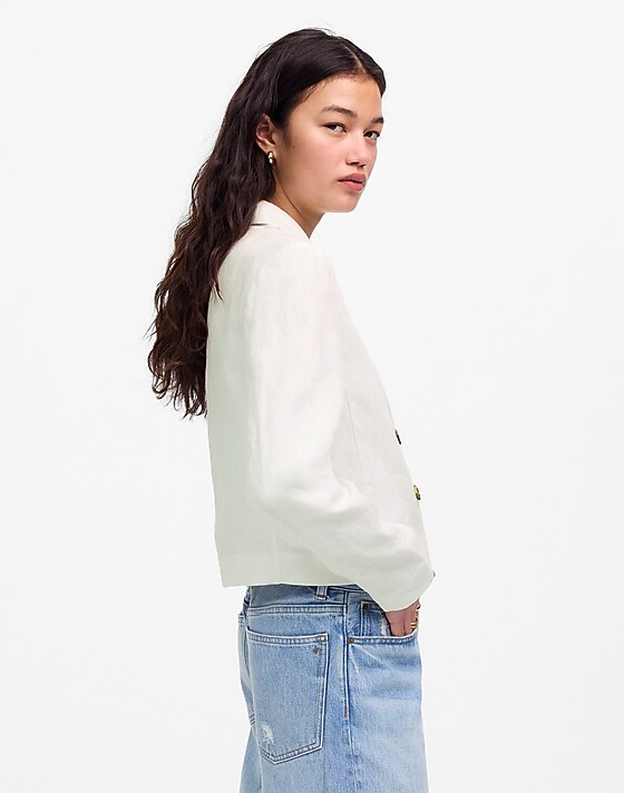 Madewell Double-Breasted Crop Blazer In 100% Linen Salt