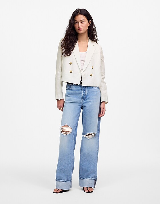 madewell Double-Breasted Crop Blazer in 100% Linen salt