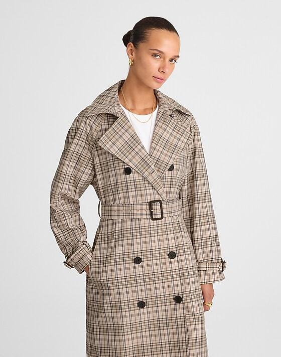 Madewell Double-Breasted Trench Coat In Plaid Khaki