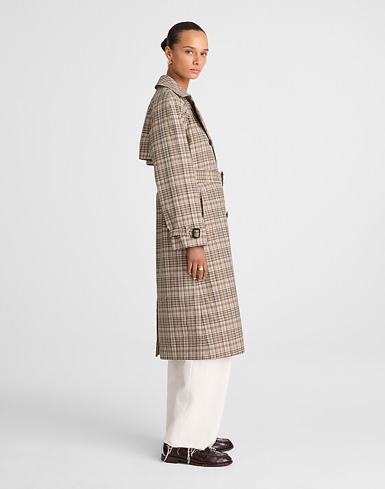 Madewell Double-Breasted Trench Coat In Plaid Khaki