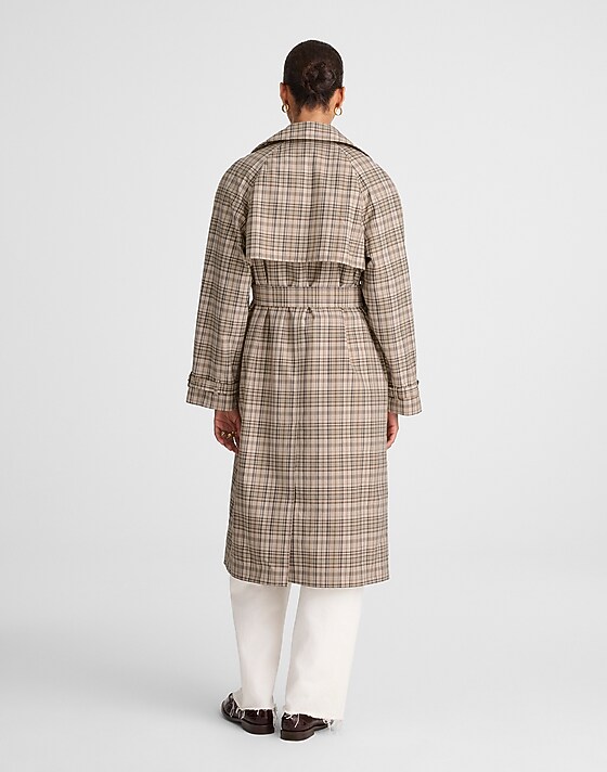 Madewell Double-Breasted Trench Coat In Plaid Khaki