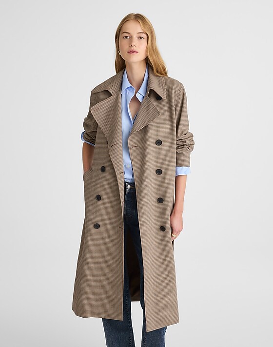 Madewell Double-Breasted Trench Coat In Plaid Tan Plaid