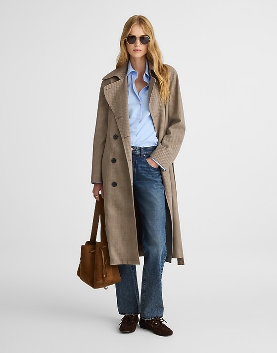 madewell Double-Breasted Trench Coat in Plaid tan plaid