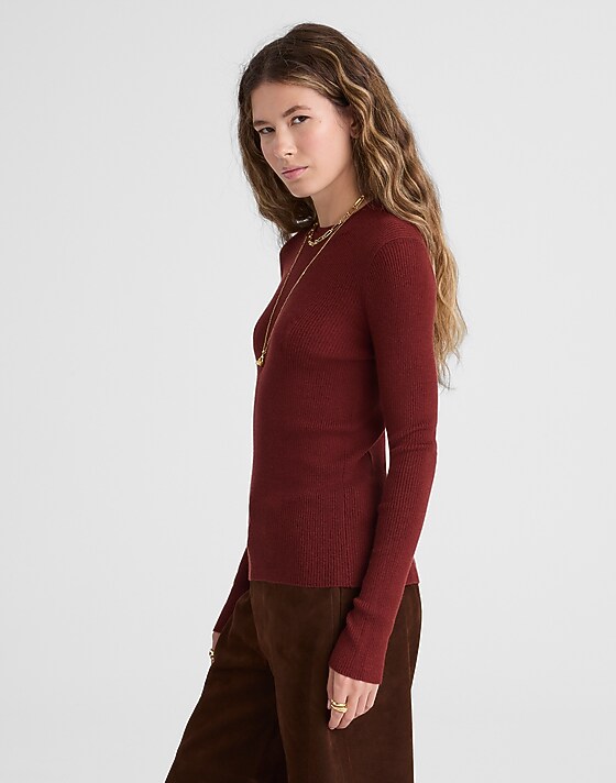 Madewell Double-Layered Crewneck Sweater In Merino-Wool Silk Deep Rust