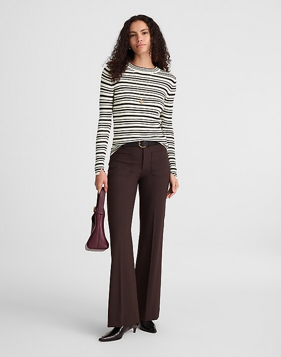 Madewell Double-Layered Crewneck Sweater In Merino-Wool Silk Ivory And Molasses Stripe