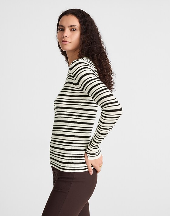 Madewell Double-Layered Crewneck Sweater In Merino-Wool Silk Ivory And Molasses Stripe