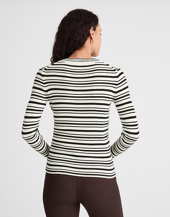 Madewell Double-Layered Crewneck Sweater In Merino-Wool Silk Ivory And Molasses Stripe