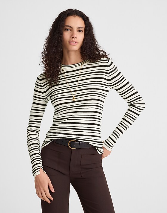 madewell Double-Layered Crewneck Sweater in Merino-Wool Silk ivory and molasses stripe