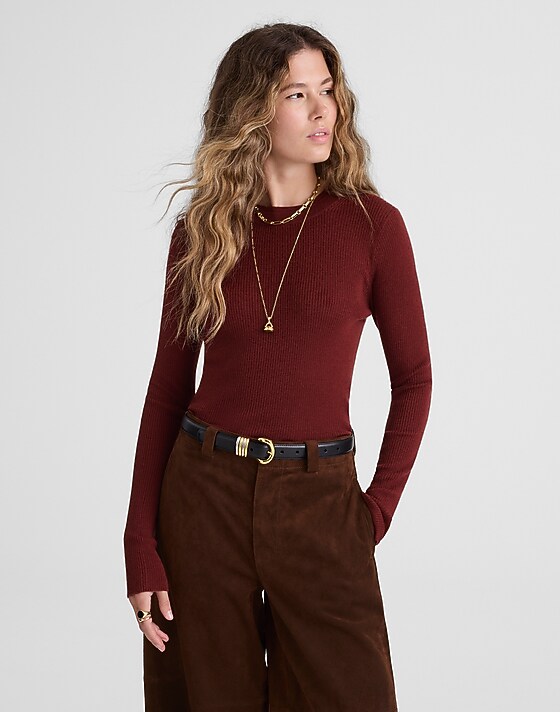 madewell Double-Layered Crewneck Sweater in Merino-Wool Silk deep rust