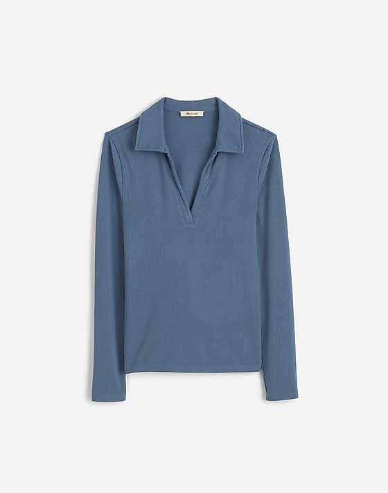 madewell Drapey Rib Long-Sleeve Polo Top teapot blue