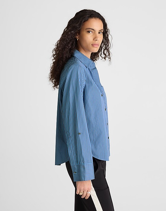 Madewell Easy Y-Neck Button-Up Shirt Blue Red Stripe