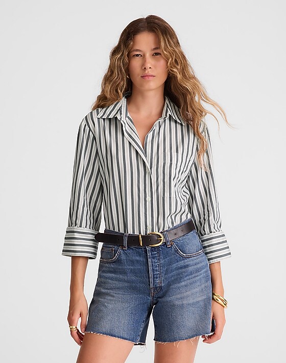 Madewell Easy Y-Neck Button-Up Shirt Plain Cotton Tencel Stripe