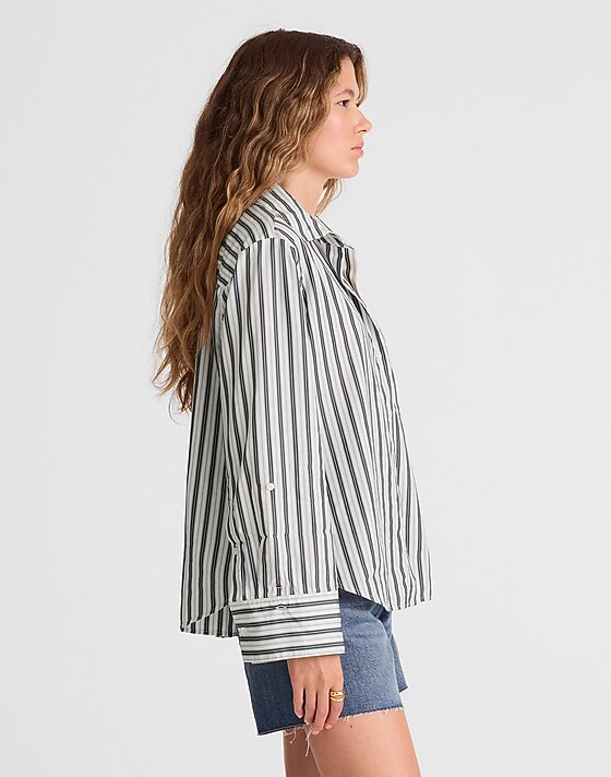 Madewell Easy Y-Neck Button-Up Shirt Plain Cotton Tencel Stripe