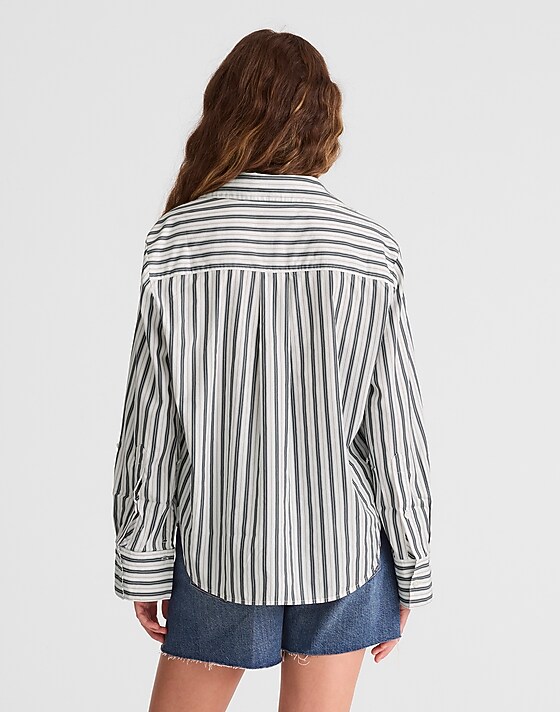 Madewell Easy Y-Neck Button-Up Shirt Plain Cotton Tencel Stripe