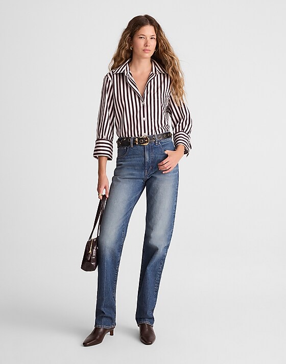 Madewell Easy Y-Neck Button-Up Shirt Purple Black And White