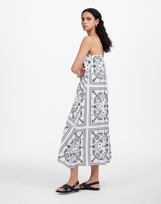 Madewell Embroidered Deep V-Neck Midi Dress In Bandana White Dark Navy Emb