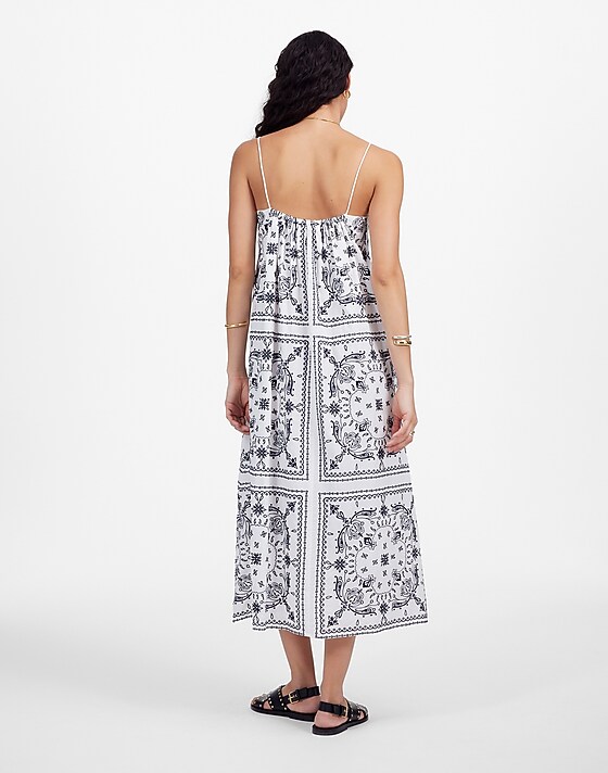 Madewell Embroidered Deep V-Neck Midi Dress In Bandana White Dark Navy Emb