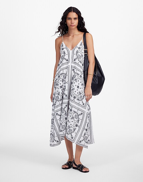 madewell Embroidered Deep V-Neck Midi Dress in Bandana white dark navy emb