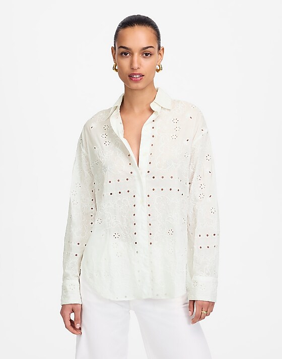 madewell Embroidered Oversized Button-Up Shirt white