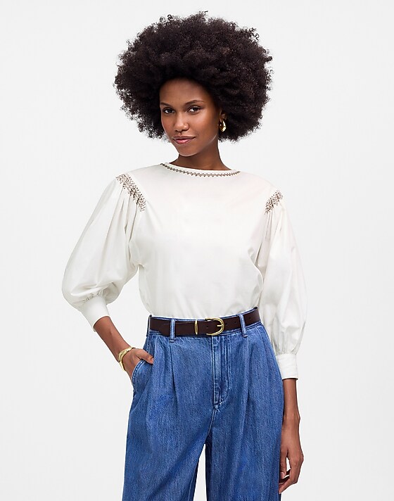 madewell Embroidered Poplin Balloon-Sleeve Top white