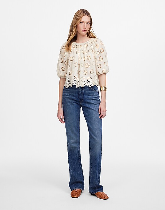 Madewell Embroidered Shirred Puff-Sleeve Top Floral Eyelet