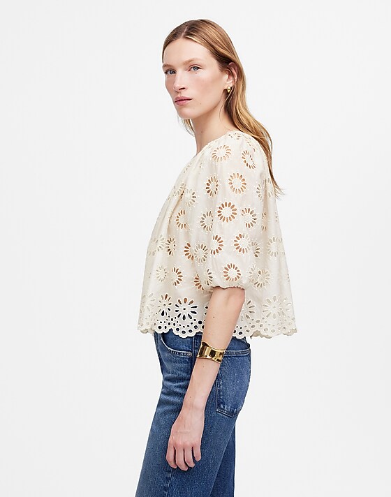 Madewell Embroidered Shirred Puff-Sleeve Top Floral Eyelet