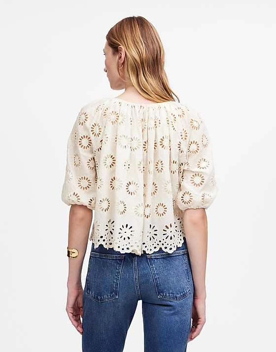 Madewell Embroidered Shirred Puff-Sleeve Top Floral Eyelet