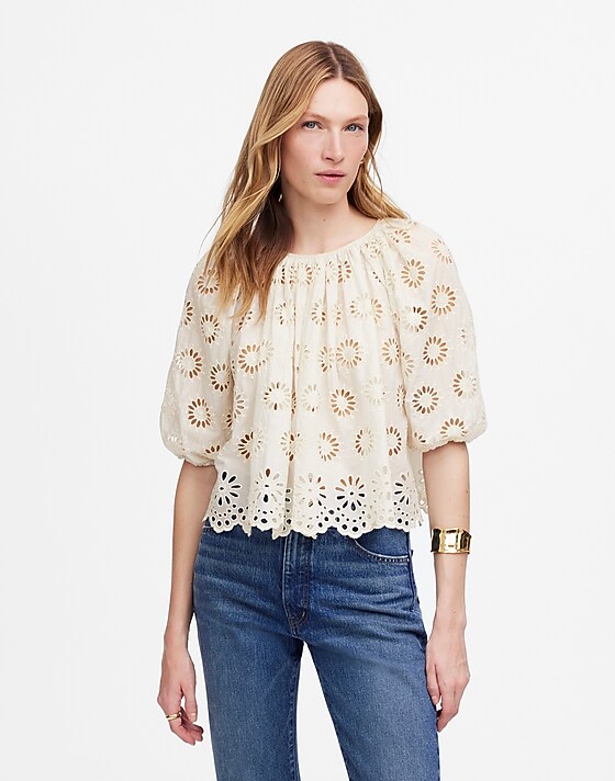 madewell Embroidered Shirred Puff-Sleeve Top floral eyelet