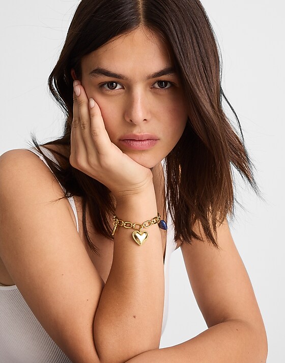 Madewell Engine Turned Lapis Heart Charm Bracelet Antique Gold