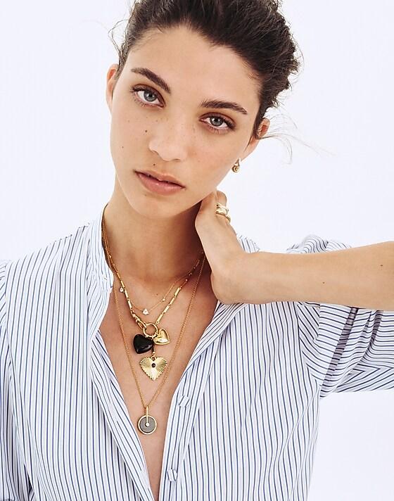 Madewell Engine Turned Lapis Heart Charm Necklace Antique Gold