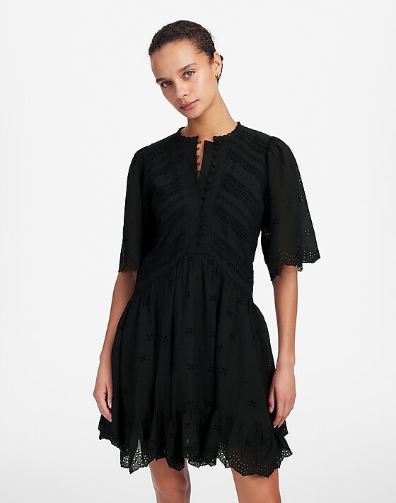 Madewell Eyelet Flutter Sleeve Mini Dress In Cotton Jet Black