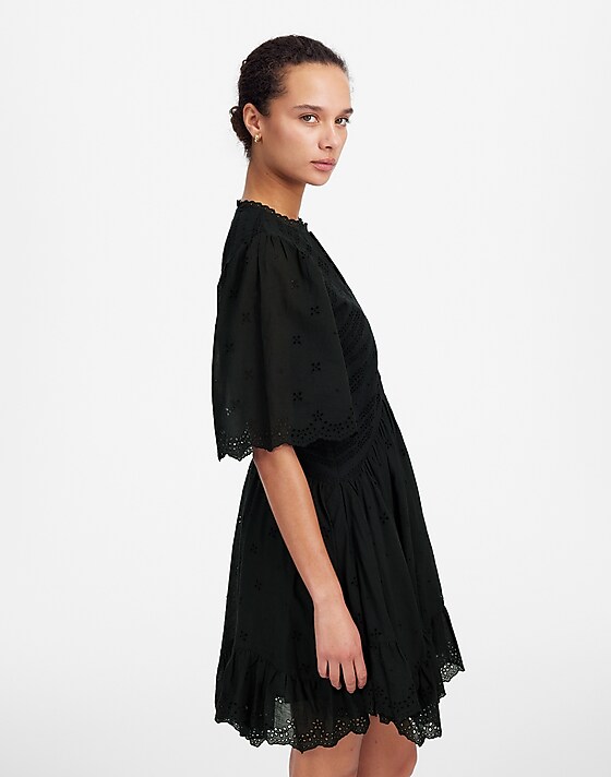 Madewell Eyelet Flutter Sleeve Mini Dress In Cotton Jet Black