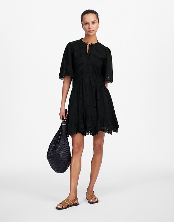 madewell Eyelet Flutter Sleeve Mini Dress in Cotton jet black