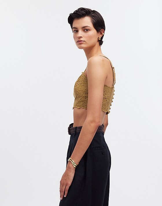 Madewell Eyelet Linen-Blend Crop Tank Top Olive Surplus