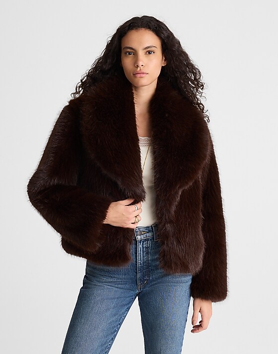 madewell Faux-Fur Shawl-Collar Coat chocolate brown