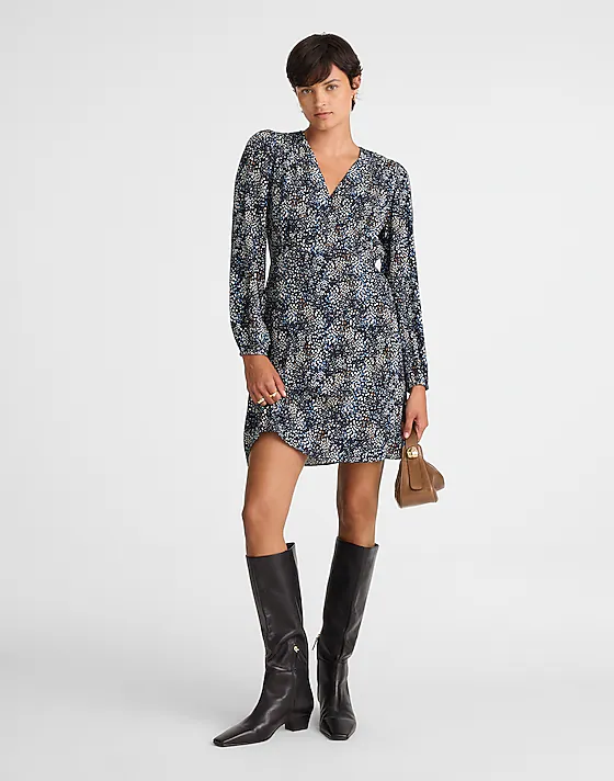 madewell Faux-Wrap Midi Dress in Floral sabrina dots navy multi