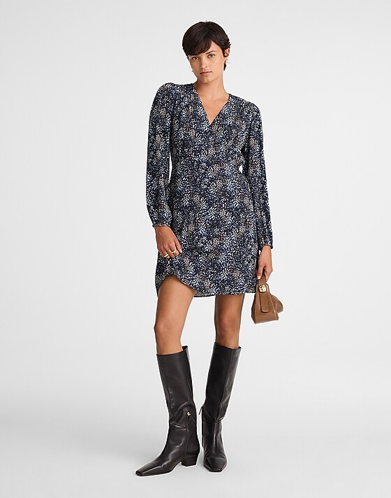 madewell Faux-Wrap Midi Dress in Floral sabrina dots navy multi