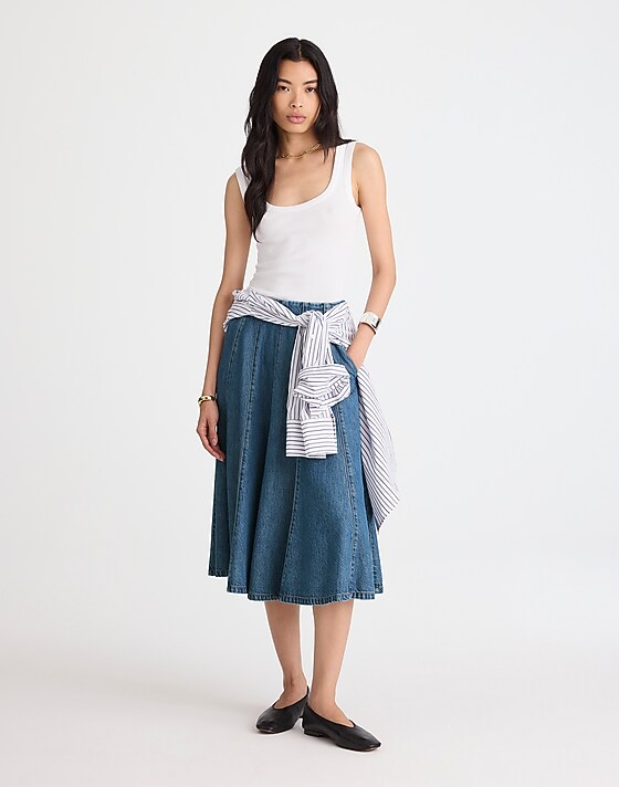 madewell Flared Denim Midi Skirt: Airy Denim Edition mosby wash