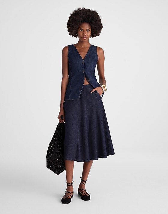 madewell Flared Denim Midi Skirt in Rinse Wash rinse wash