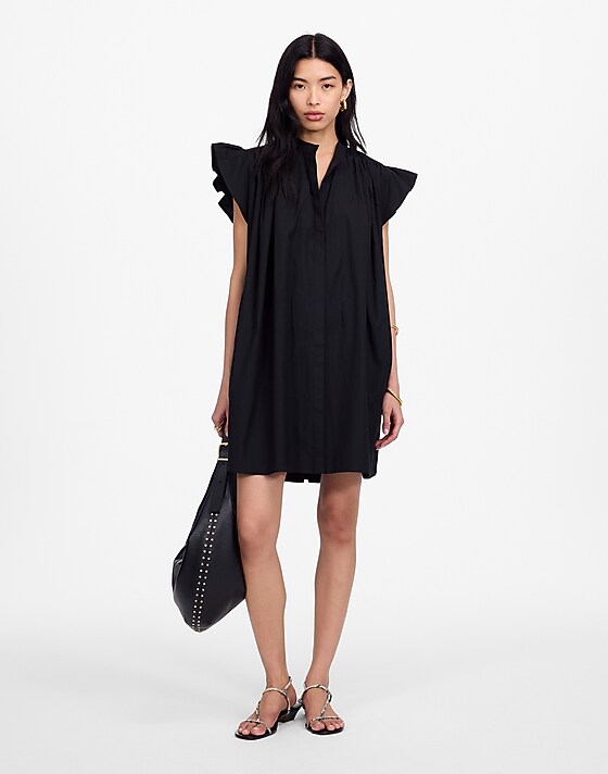 Madewell Flutter Sleeve Button-Front Mini Dress In Poplin Jet Black