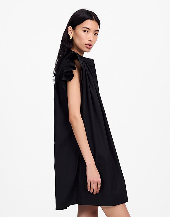 Madewell Flutter Sleeve Button-Front Mini Dress In Poplin Jet Black