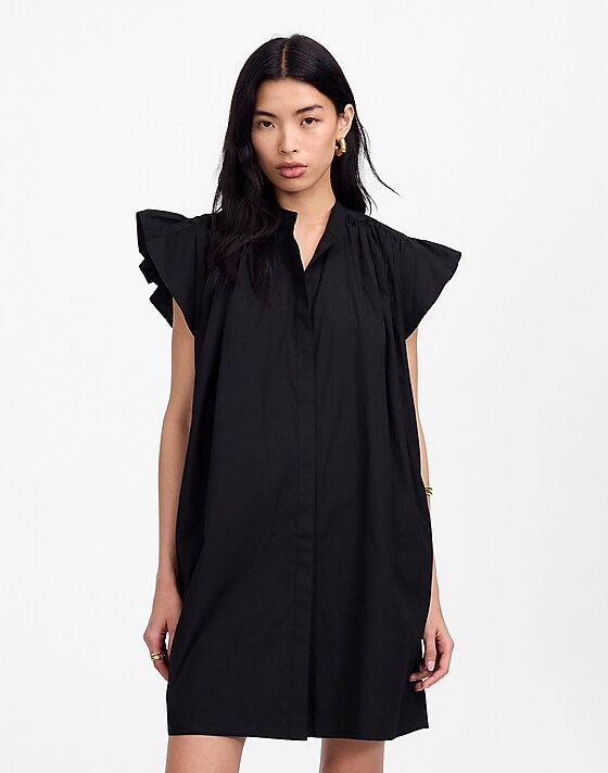 madewell Flutter Sleeve Button-Front Mini Dress in Poplin jet black