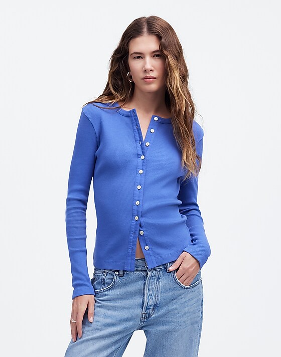 Madewell Garment-Dyed Ribbed Cardigan Tee Delphinium Blue
