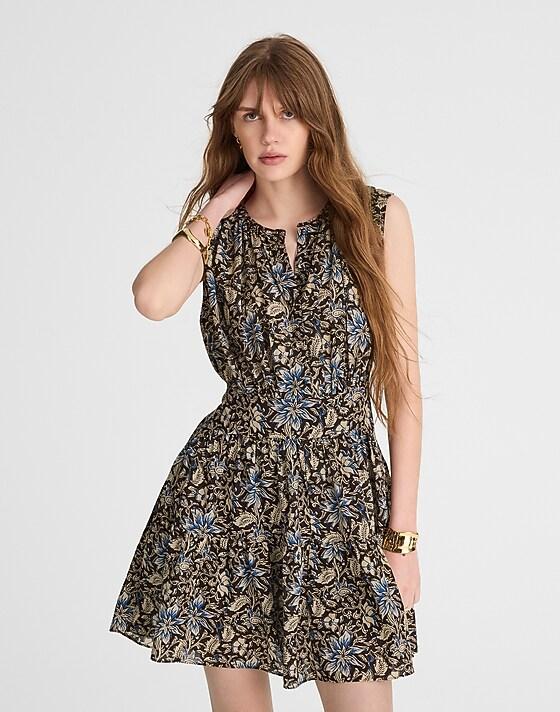 Madewell Gathered Button-Front Mini Dress In Floral Dark Carob