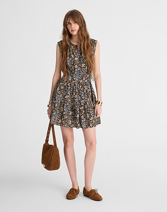 madewell Gathered Button-Front Mini Dress in Floral dark carob