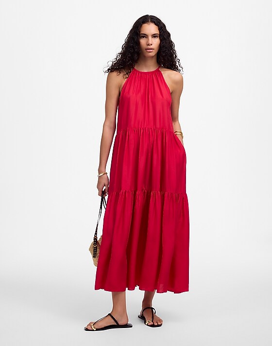 Madewell Habotai Silk Tiered Halter Dress Watermelon