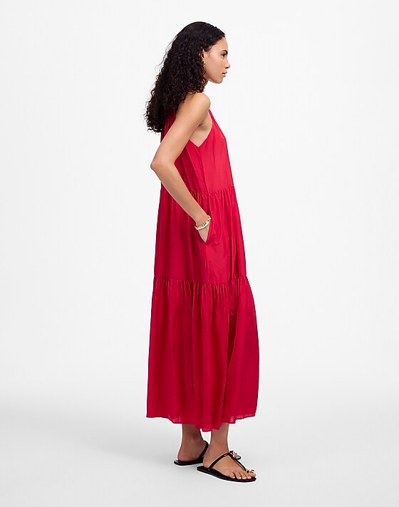 Madewell Habotai Silk Tiered Halter Dress Watermelon