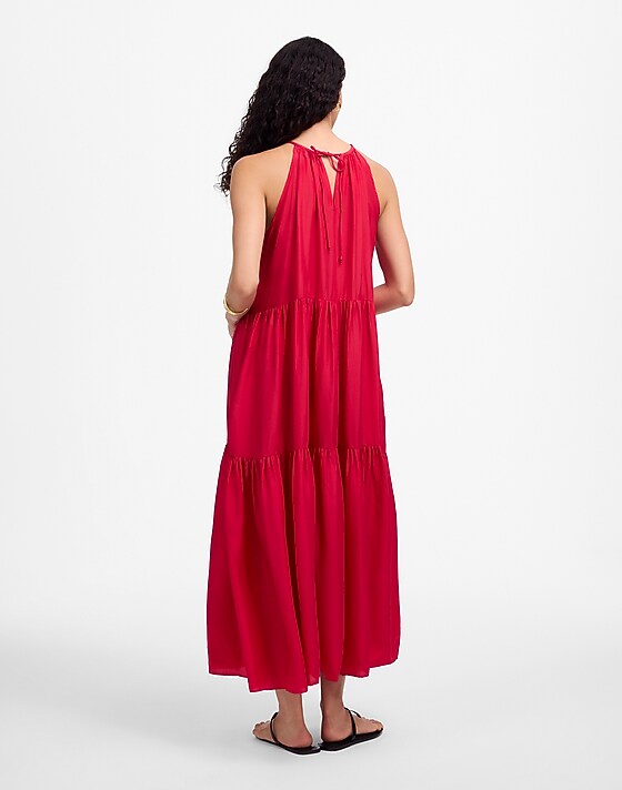 Madewell Habotai Silk Tiered Halter Dress Watermelon
