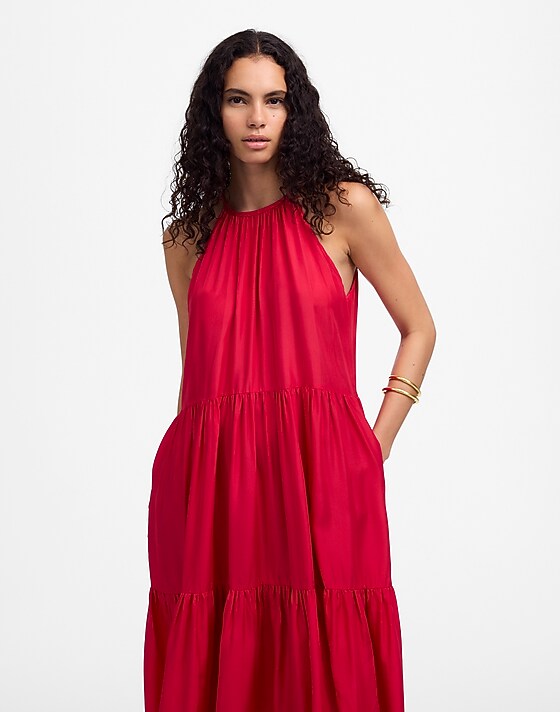 madewell Habotai Silk Tiered Halter Dress watermelon