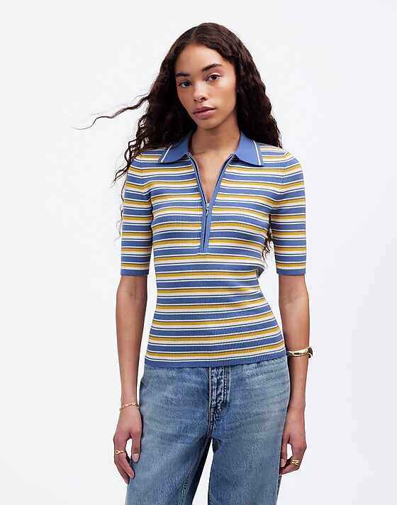 Madewell Half-Zip Johnny-Collar Polo Delphinium Stripe